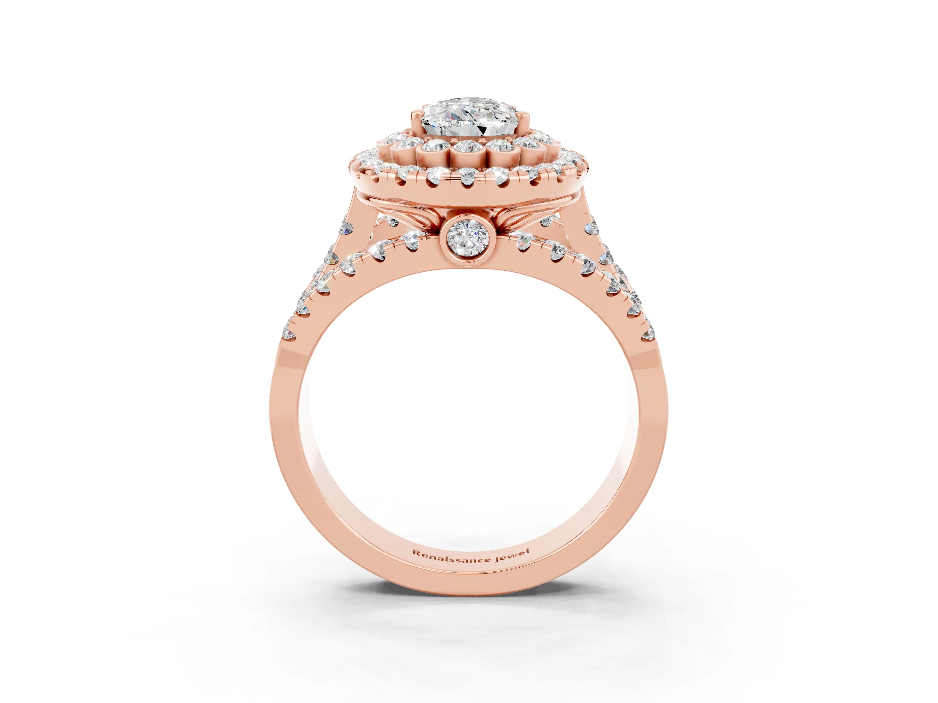 Rose gold Double Halo Pear Cut Diamond Split Shank Pave Set Ring_3