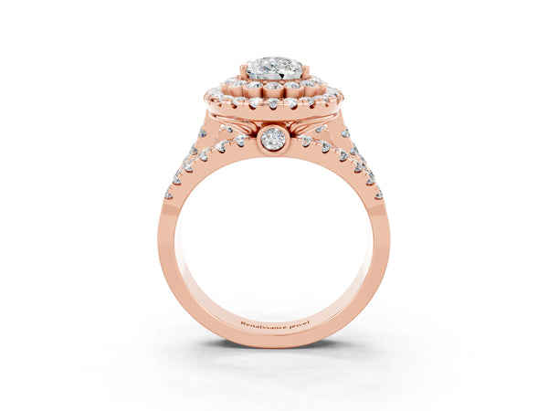 Rose gold Pear Cut Moissanite Double Halo Ring with Round Pavé Split Shank and Prong Setting