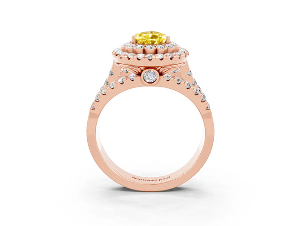 Rose gold Pear Cut Yellow Sapphire Double Halo Ring with Round Pavé Split Shank and Prong Setting