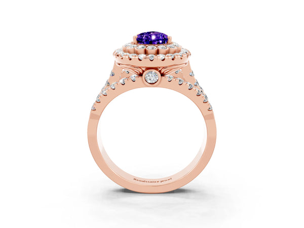 Rose gold Pear Cut Tanzanite Double Halo Ring with Round Pavé Split Shank and Prong Setting