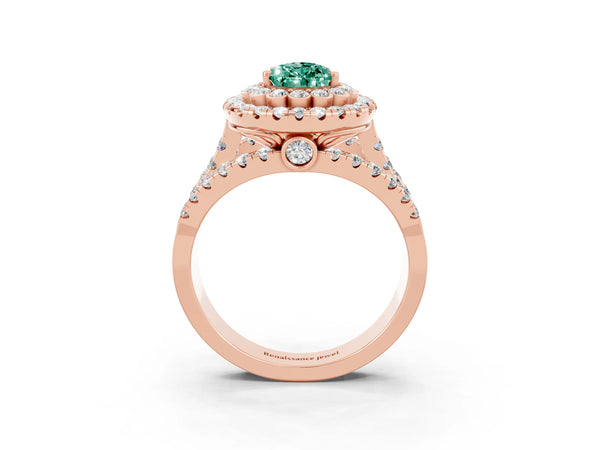 Rose gold Pear Cut Green Sapphire Double Halo Ring with Round Pavé Split Shank and Prong Setting