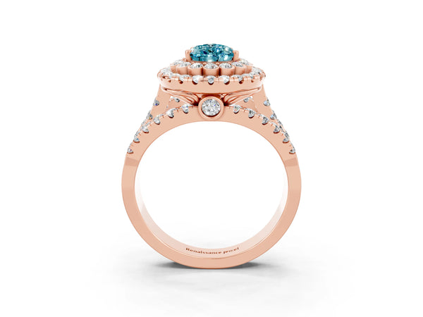 Rose gold Double Halo Pear Cut Diamond Split Shank Pave Set Ring