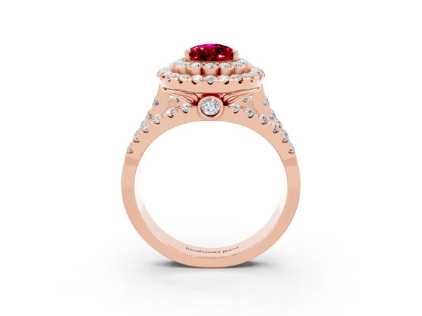 Rose gold Pear Cut Garnet Double Halo Ring with Round Pavé Split Shank and Prong Setting
