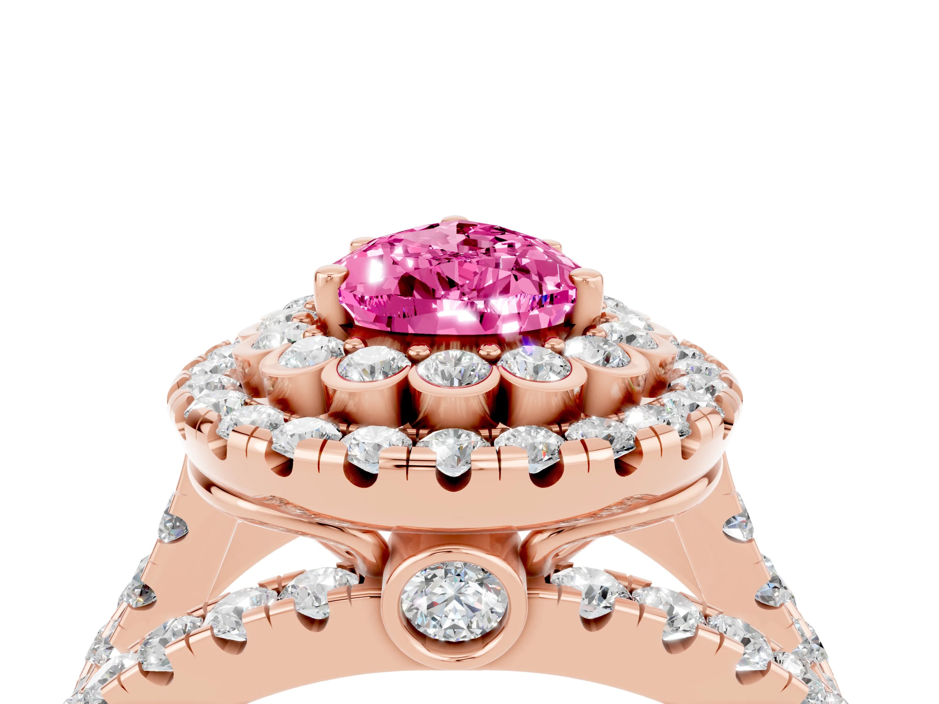 Rose gold Double Halo Pear Cut Diamond Split Shank Pave Set Ring_4