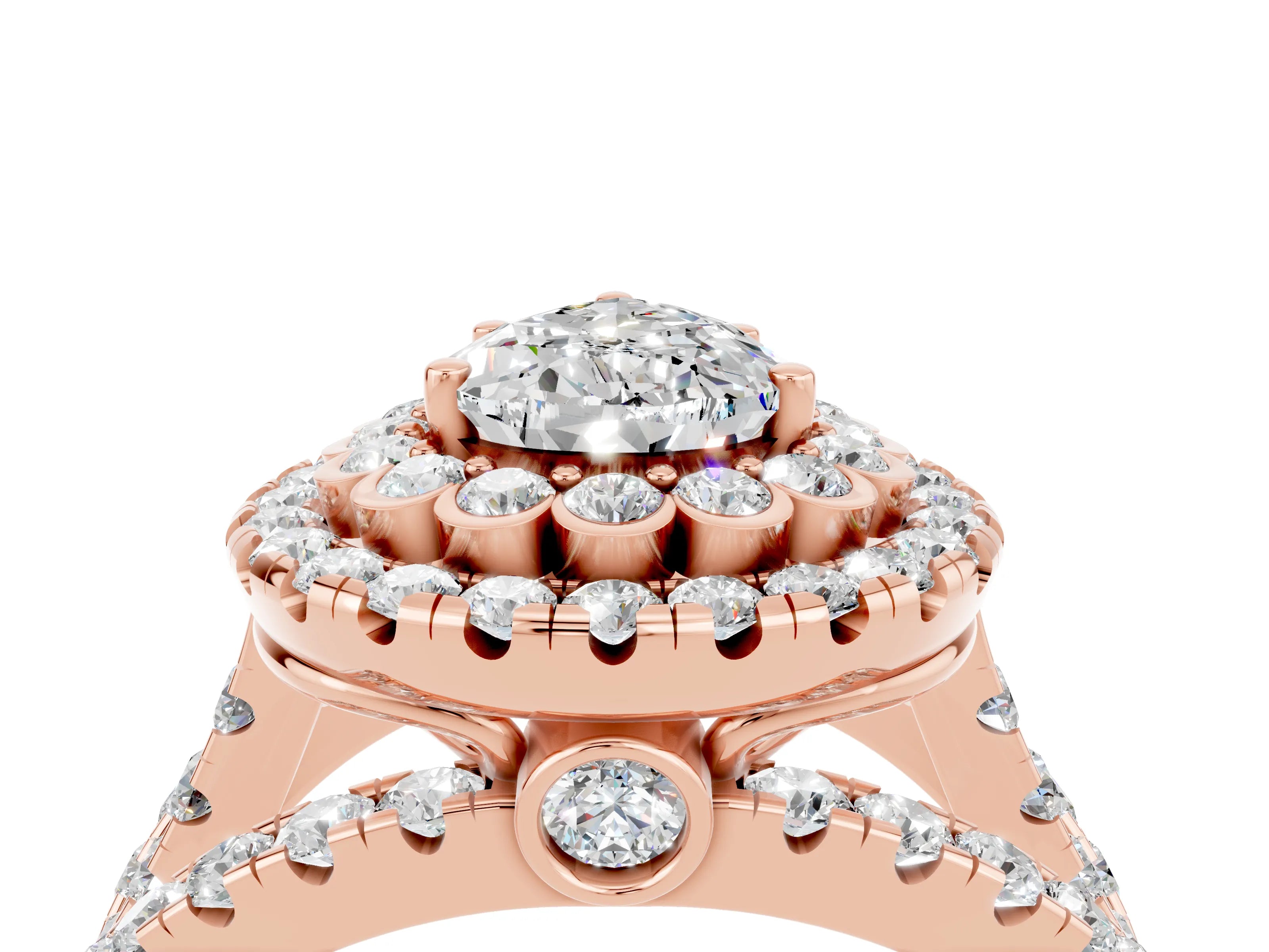Rose gold Double Halo Pear Cut Diamond Split Shank Pave Set Ring_4