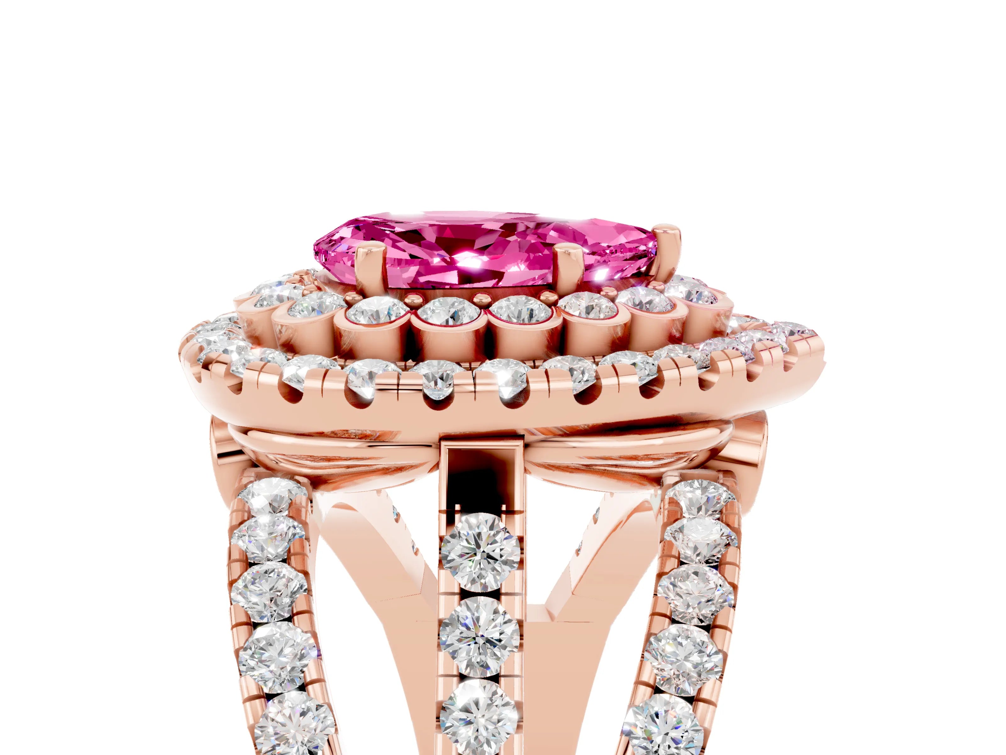 Rose gold Double Halo Pear Cut Diamond Split Shank Pave Set Ring_5