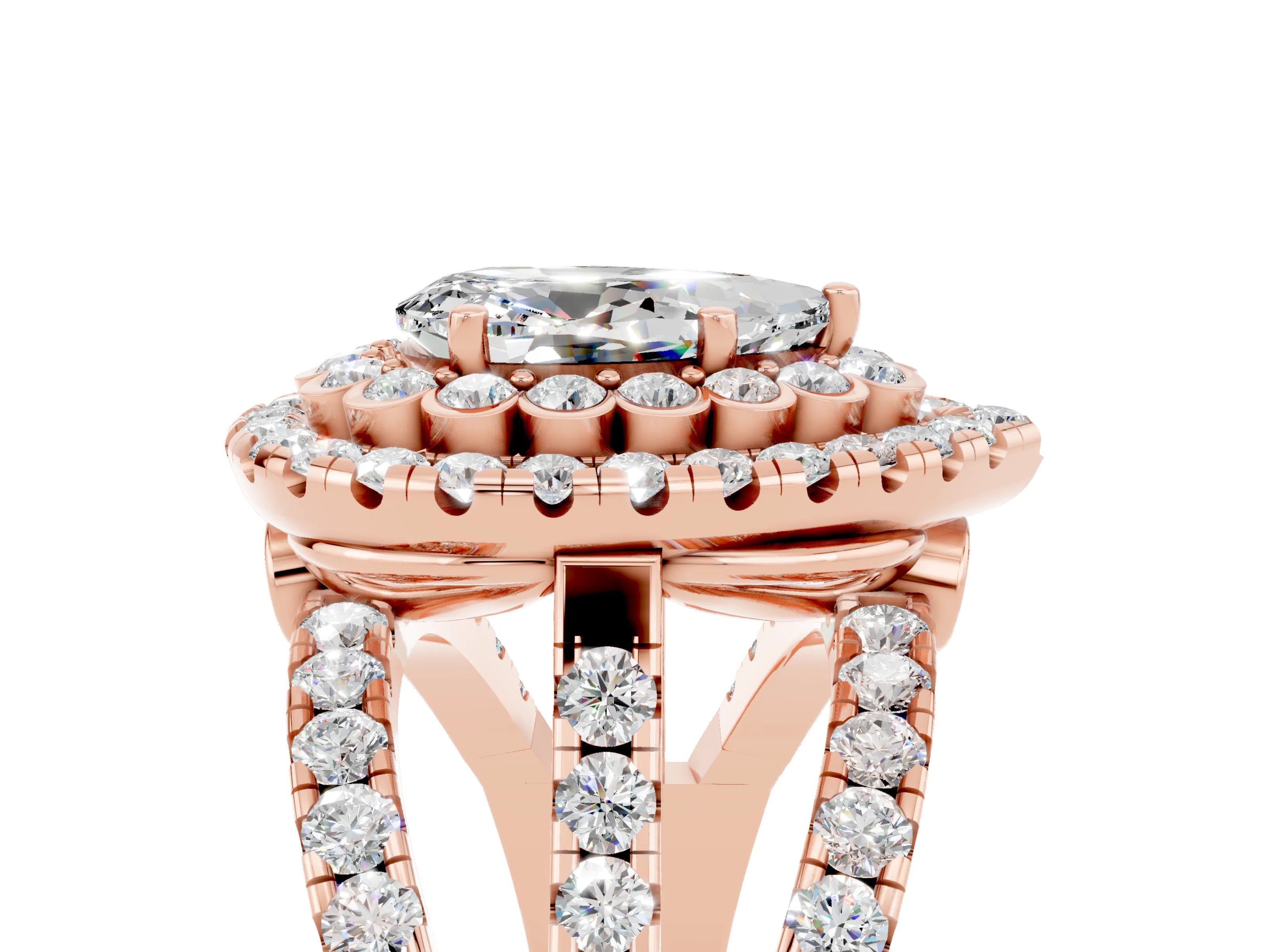 Rose gold Double Halo Pear Cut Diamond Split Shank Pave Set Ring_5