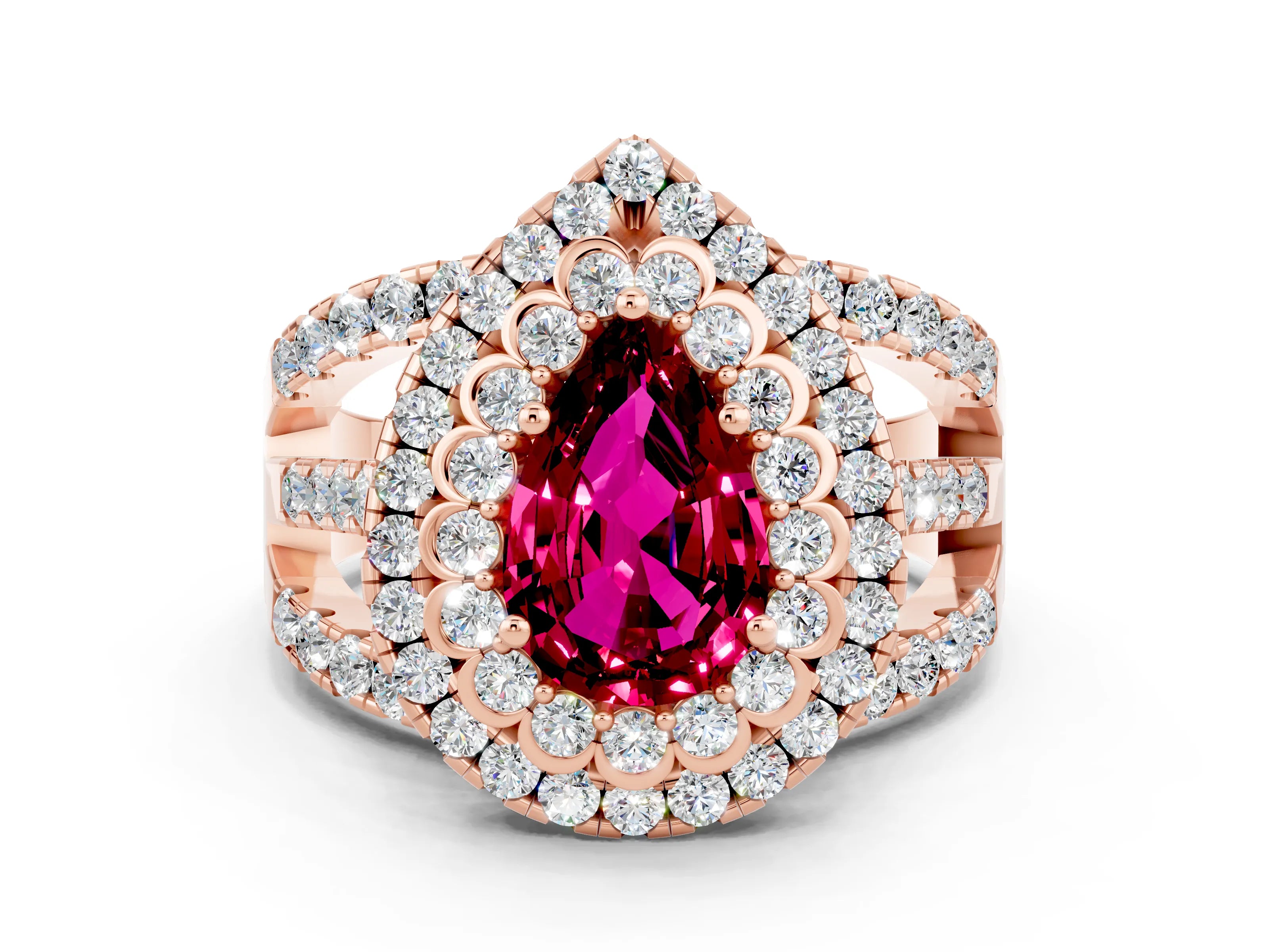 Rose gold Double Halo Pear Cut Diamond Split Shank Pave Set Ring