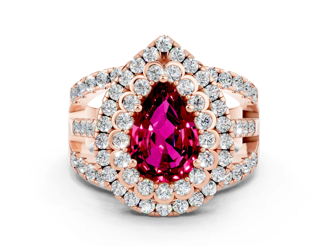 Rose gold Double Halo Pear Cut Diamond Split Shank Pave Set Ring