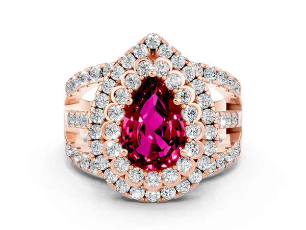 Rose gold Pear Cut Garnet Double Halo Ring with Round Pavé Split Shank and Prong Setting