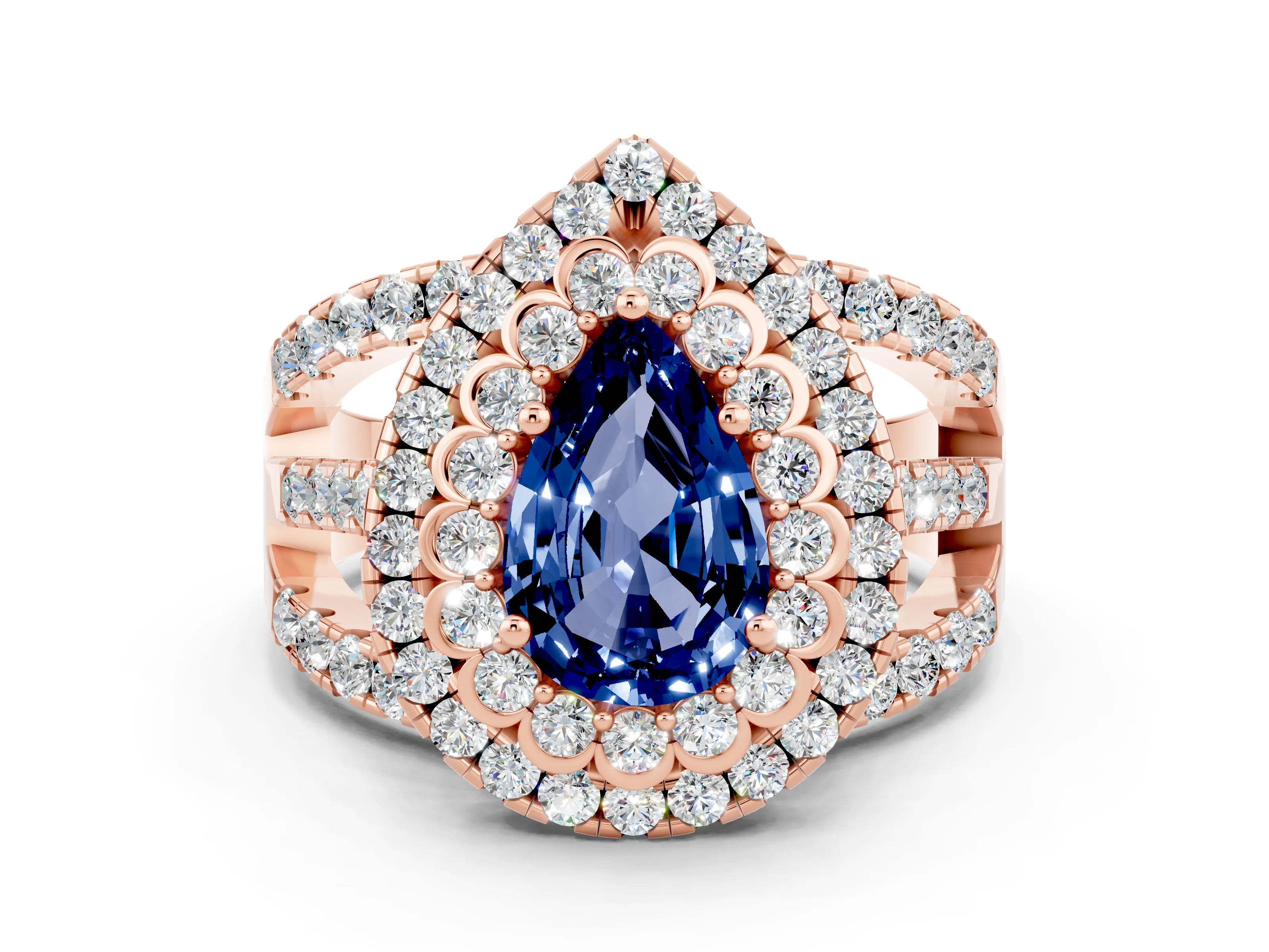 Rose gold Double Halo Pear Cut Diamond Split Shank Pave Set Ring