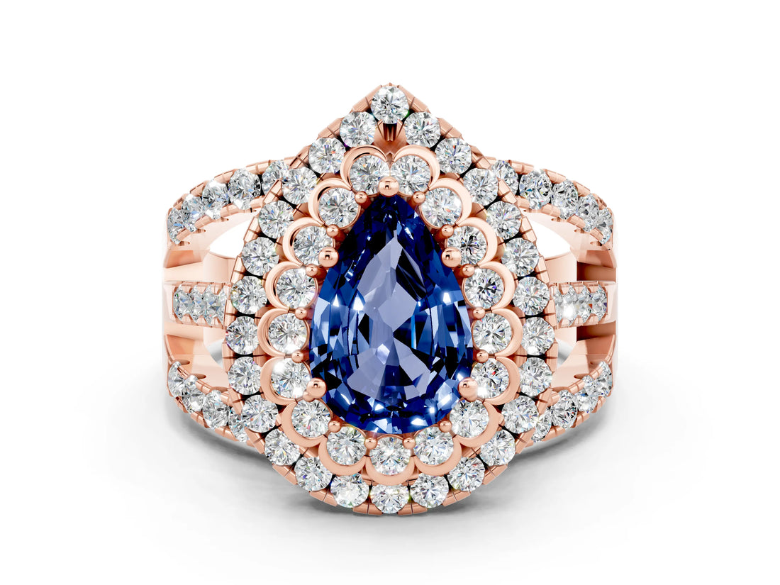 Rose gold Double Halo Pear Cut Diamond Split Shank Pave Set Ring