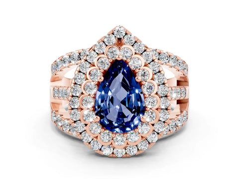 Rose gold Double Halo Pear Cut Diamond Split Shank Pave Set Ring