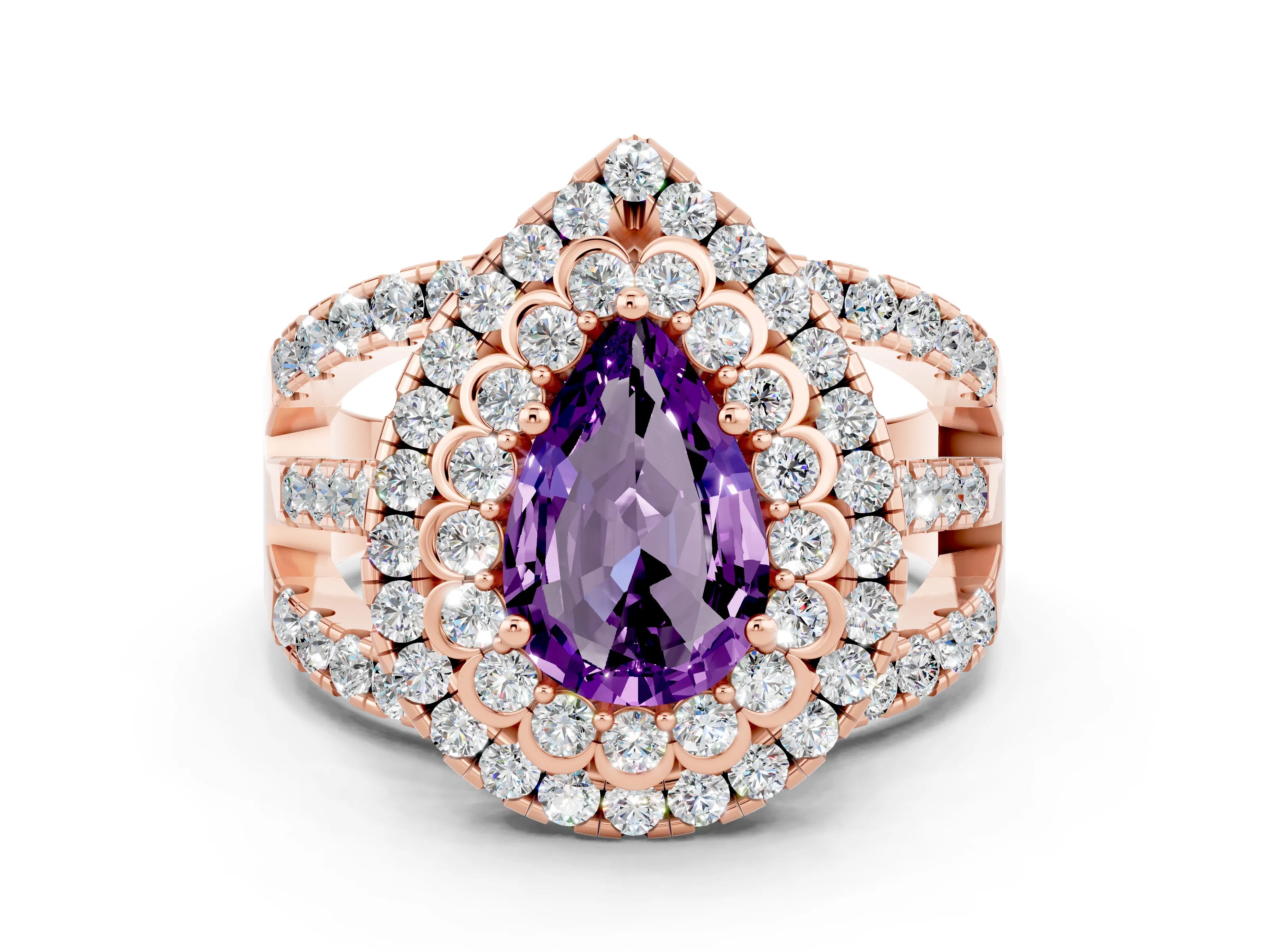 Rose gold Double Halo Pear Cut Diamond Split Shank Pave Set Ring