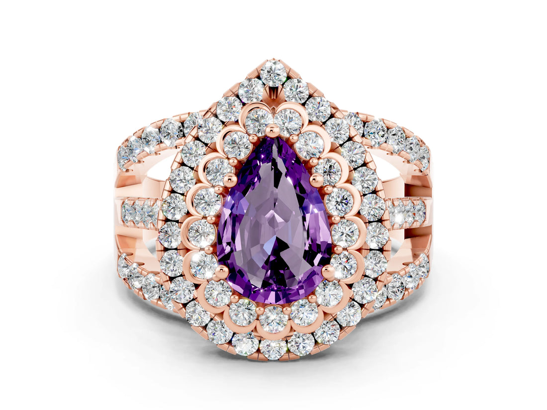 Rose gold Double Halo Pear Cut Diamond Split Shank Pave Set Ring