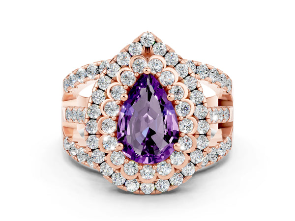 Rose gold Pear Cut Amethyst Double Halo Ring with Round Pavé Split Shank and Prong Setting