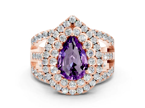 Rose gold Double Halo Pear Cut Diamond Split Shank Pave Set Ring
