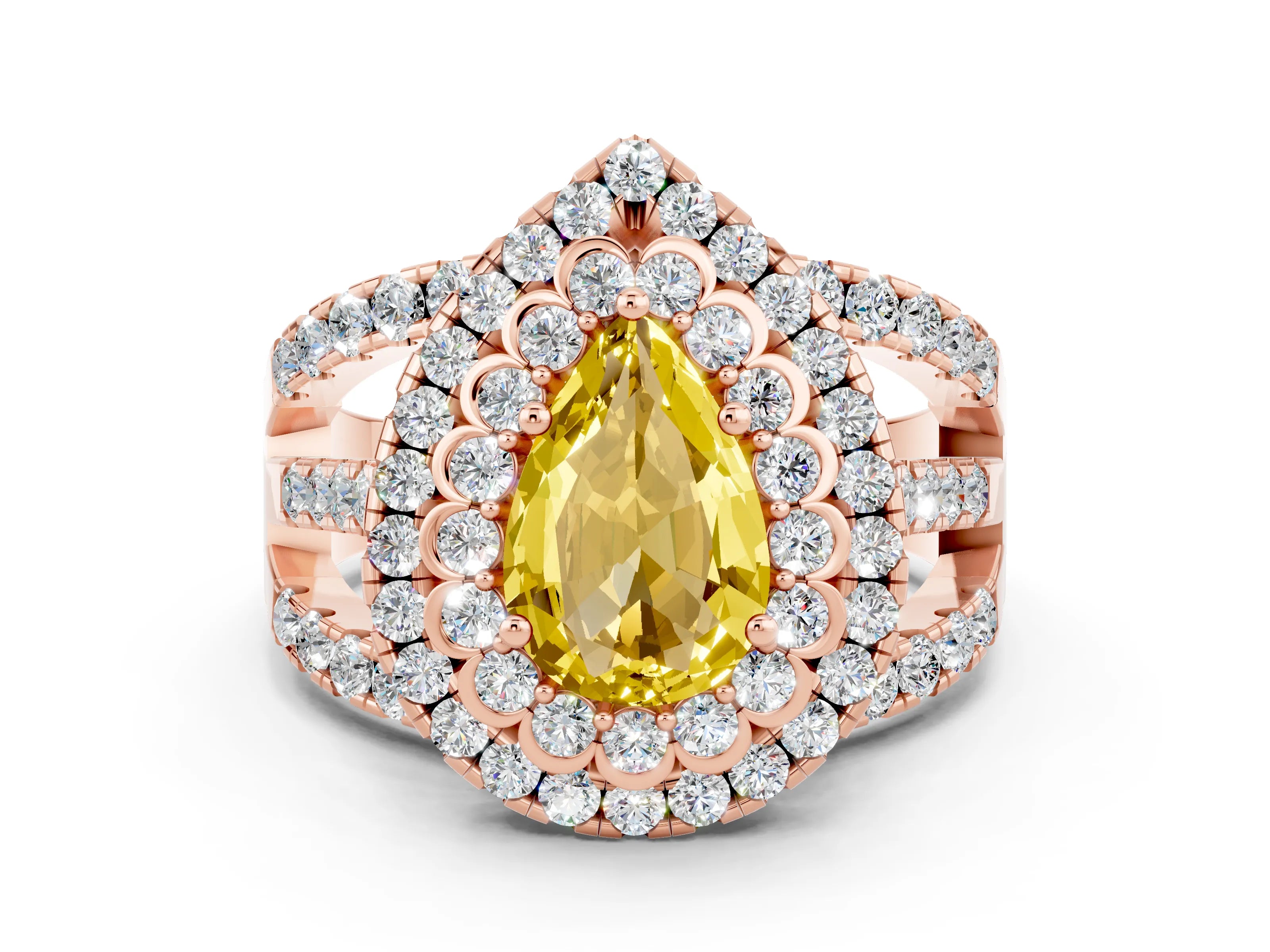 Rose gold Double Halo Pear Cut Diamond Split Shank Pave Set Ring