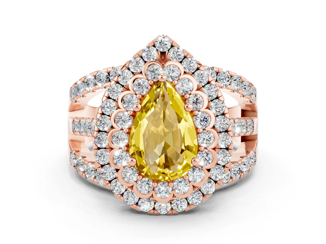 Rose gold Double Halo Pear Cut Diamond Split Shank Pave Set Ring