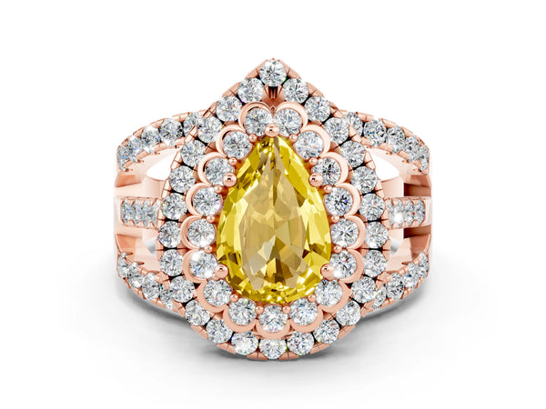 Rose gold Pear Cut Yellow Sapphire Double Halo Ring with Round Pavé Split Shank and Prong Setting