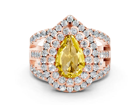 Rose gold Double Halo Pear Cut Diamond Split Shank Pave Set Ring