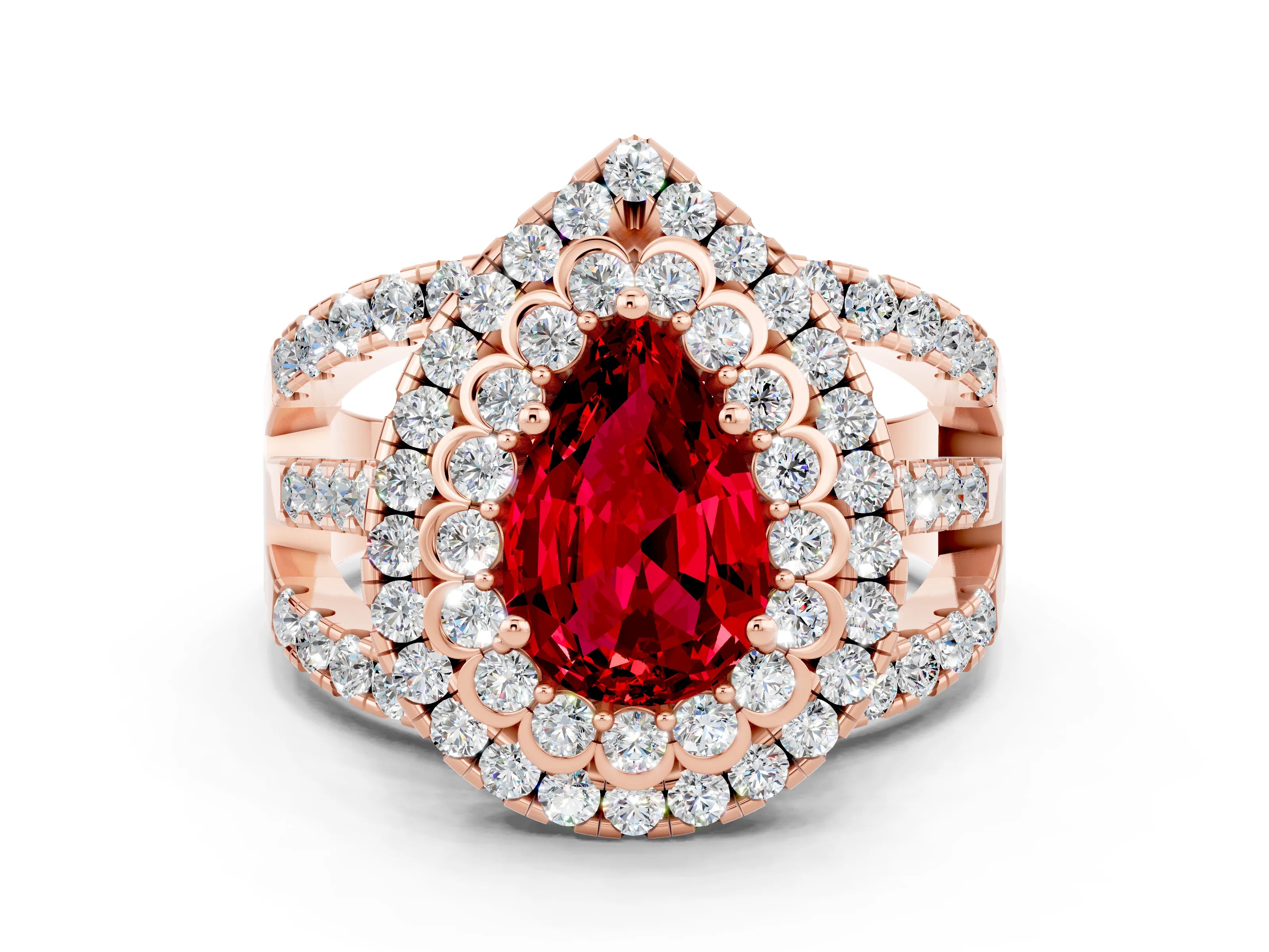 Rose gold Double Halo Pear Cut Diamond Split Shank Pave Set Ring