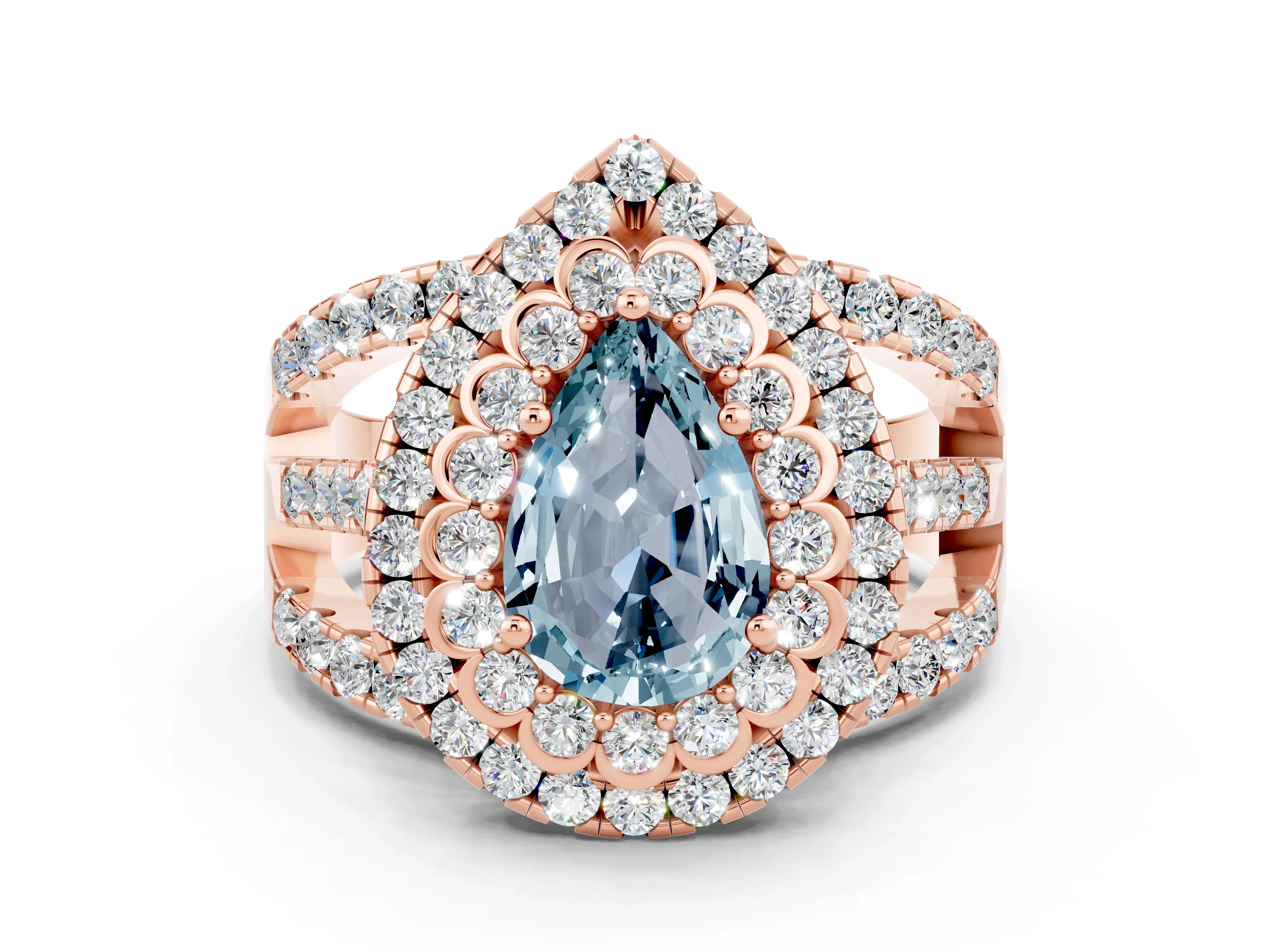 Rose gold Double Halo Pear Cut Diamond Split Shank Pave Set Ring