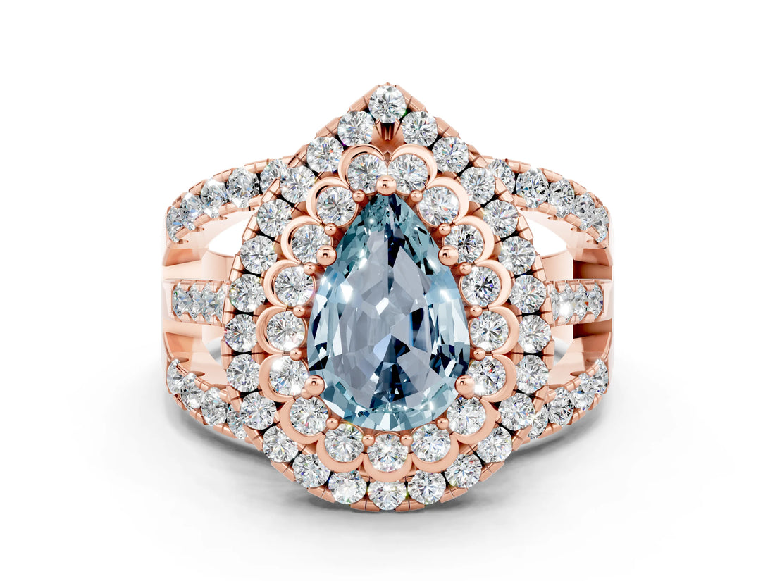 Rose gold Double Halo Pear Cut Diamond Split Shank Pave Set Ring