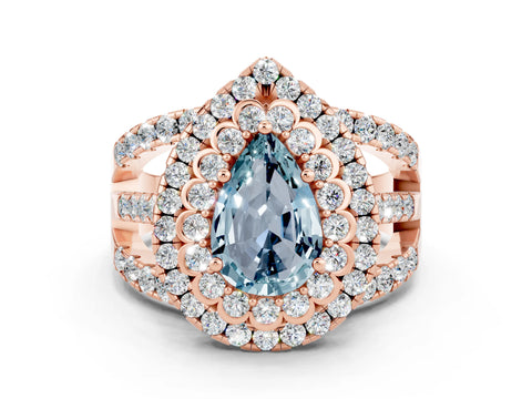 Rose gold Double Halo Pear Cut Diamond Split Shank Pave Set Ring