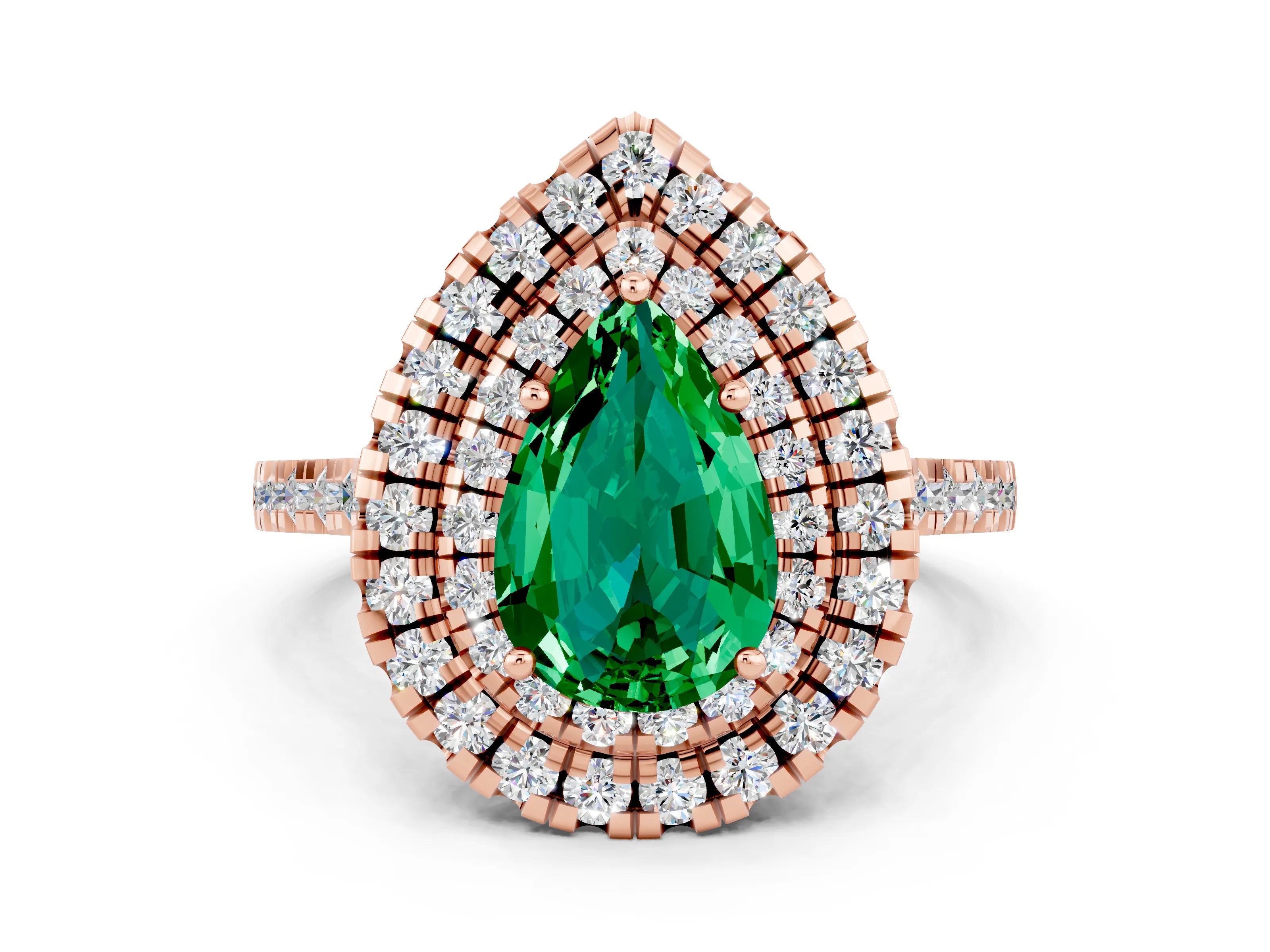 Rose gold Double Halo Pear Cut Emerald Pavé Band with Four-Prong Setting