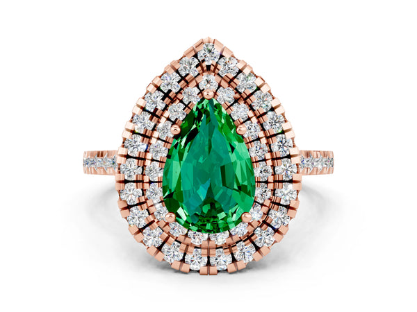 Rose gold Double Halo Pear Cut Emerald Pavé Band with Four-Prong Setting