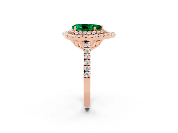 Rose gold Double Halo Pear Cut Emerald Pavé Band with Four-Prong Setting