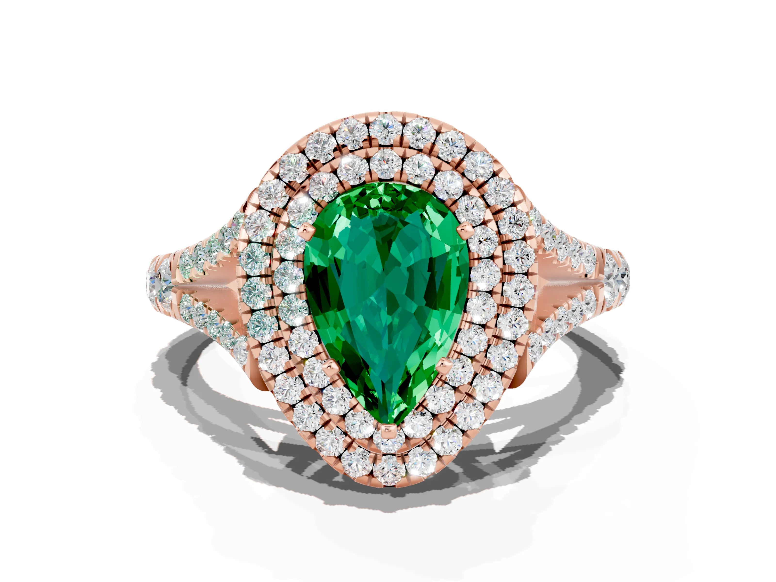 Rose gold Double Halo Pear Cut Emerald Pavé Split Shank Ring with Prong Setting