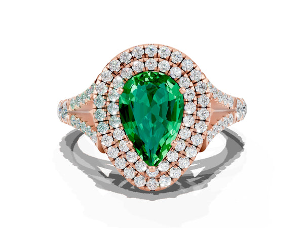 Rose gold Double Halo Pear Cut Emerald Pavé Split Shank Ring with Prong Setting