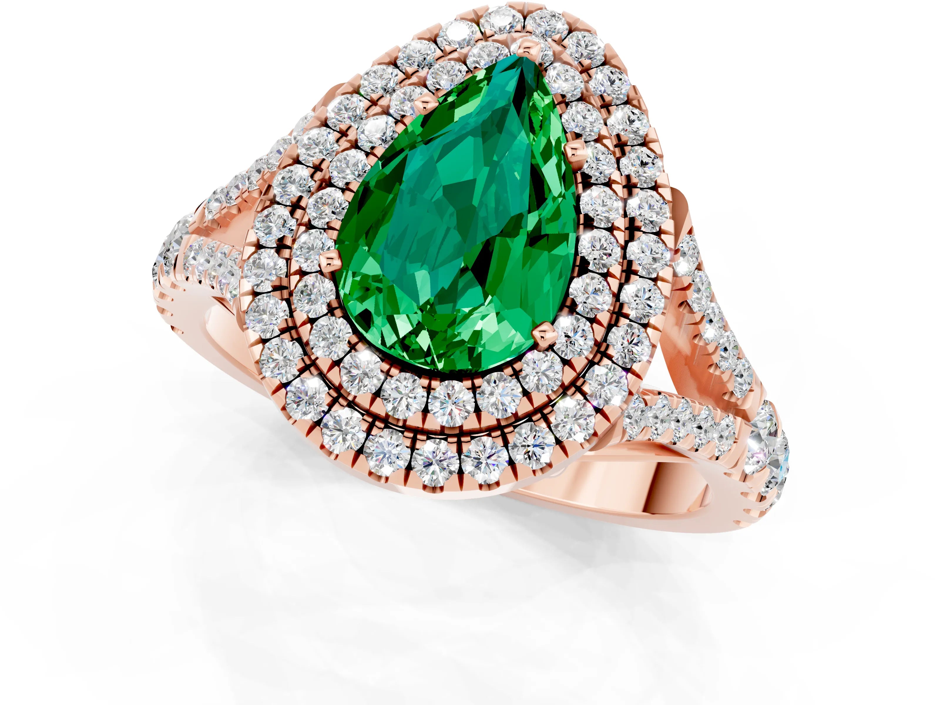 Rose gold Double Halo Pear Cut Emerald Pavé Split Shank Ring with Prong Setting_1