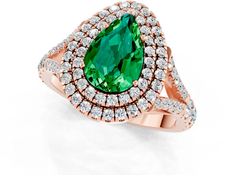 Rose gold Double Halo Pear Cut Emerald Pavé Split Shank Ring with Prong Setting_1
