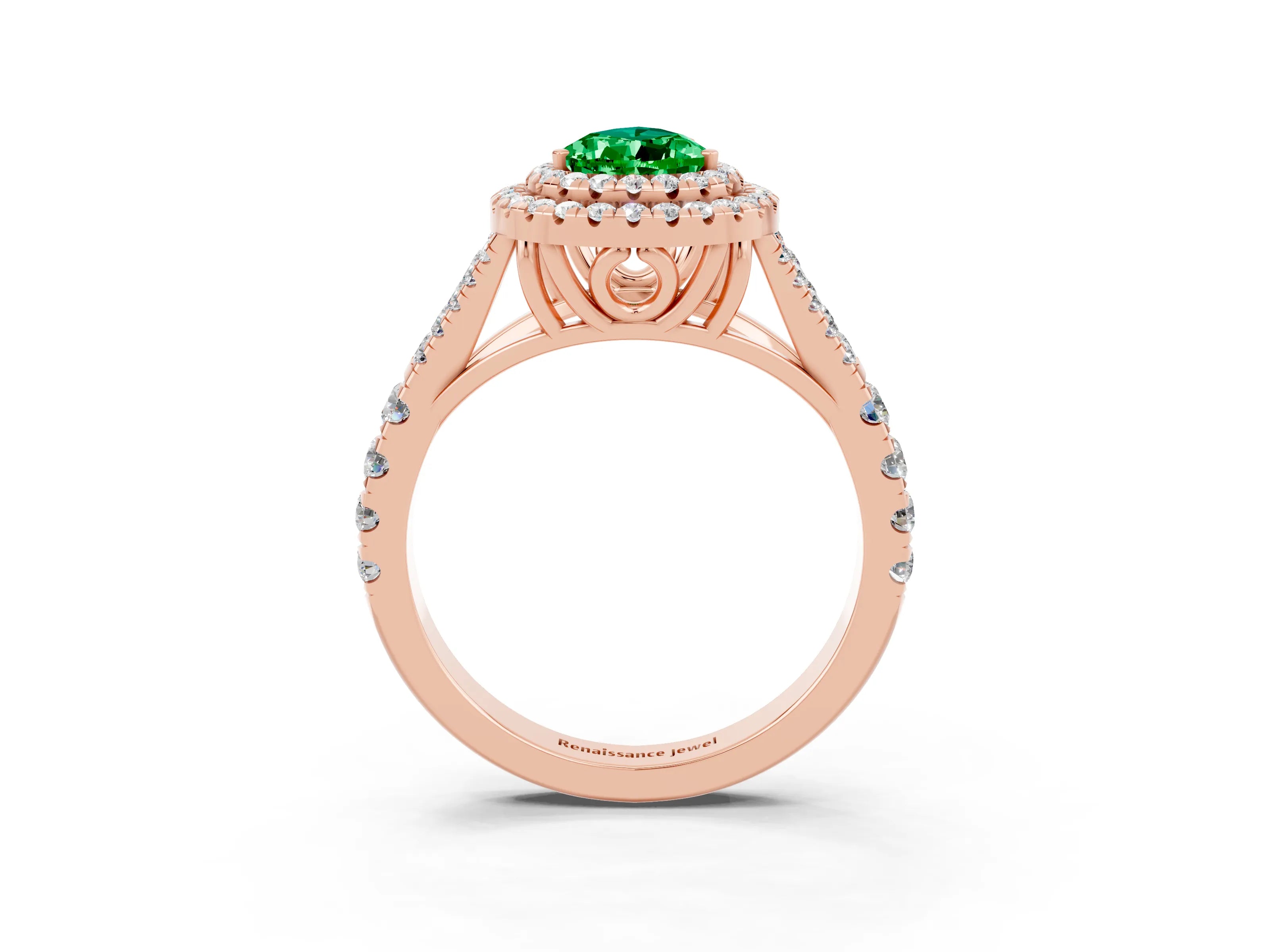 Rose gold Double Halo Pear Cut Emerald Pavé Split Shank Ring with Prong Setting_3