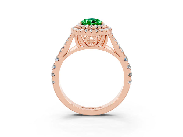 Rose gold Double Halo Pear Cut Emerald Pavé Split Shank Ring with Prong Setting