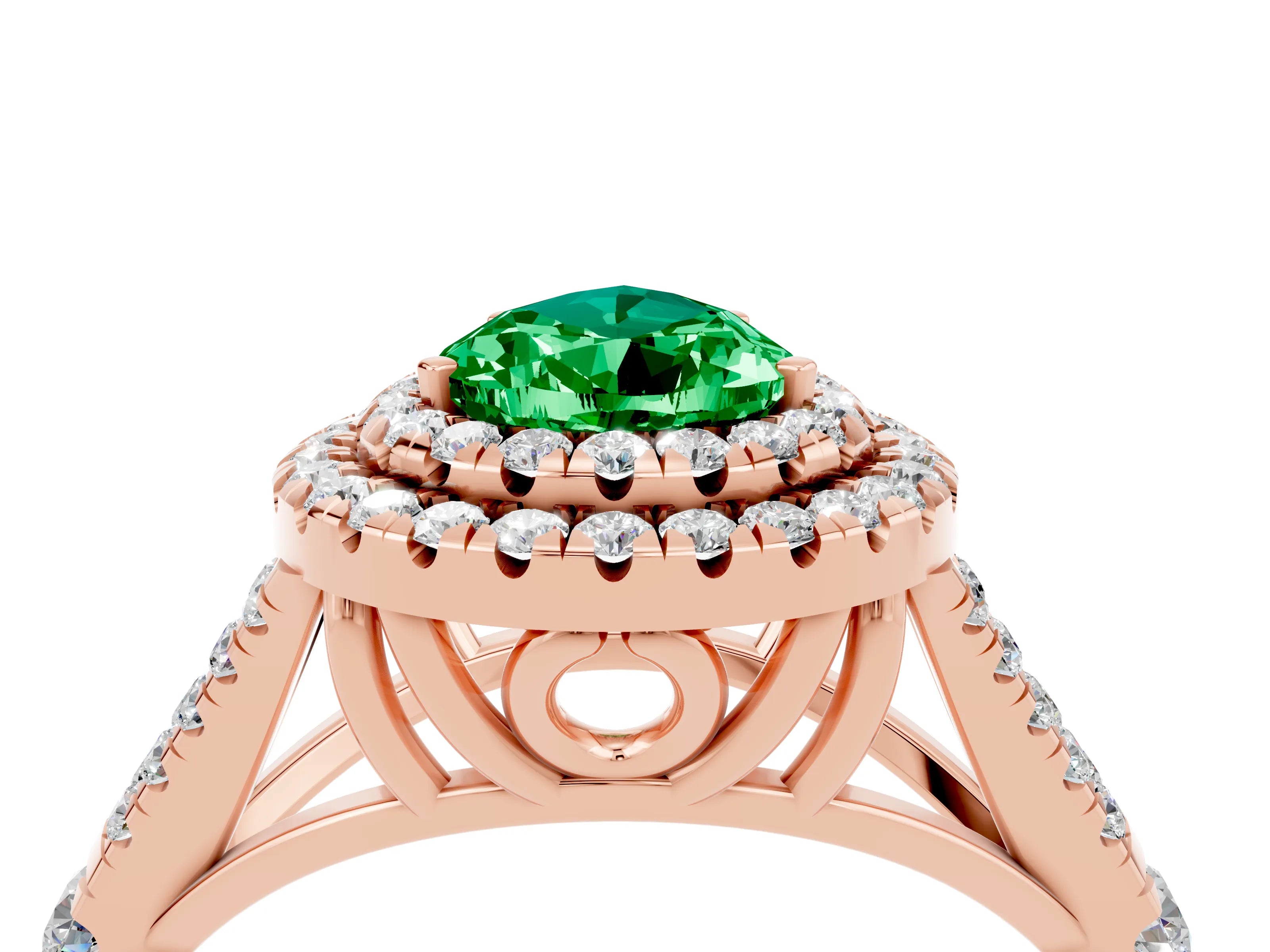 Rose gold Double Halo Pear Cut Emerald Pavé Split Shank Ring with Prong Setting_4