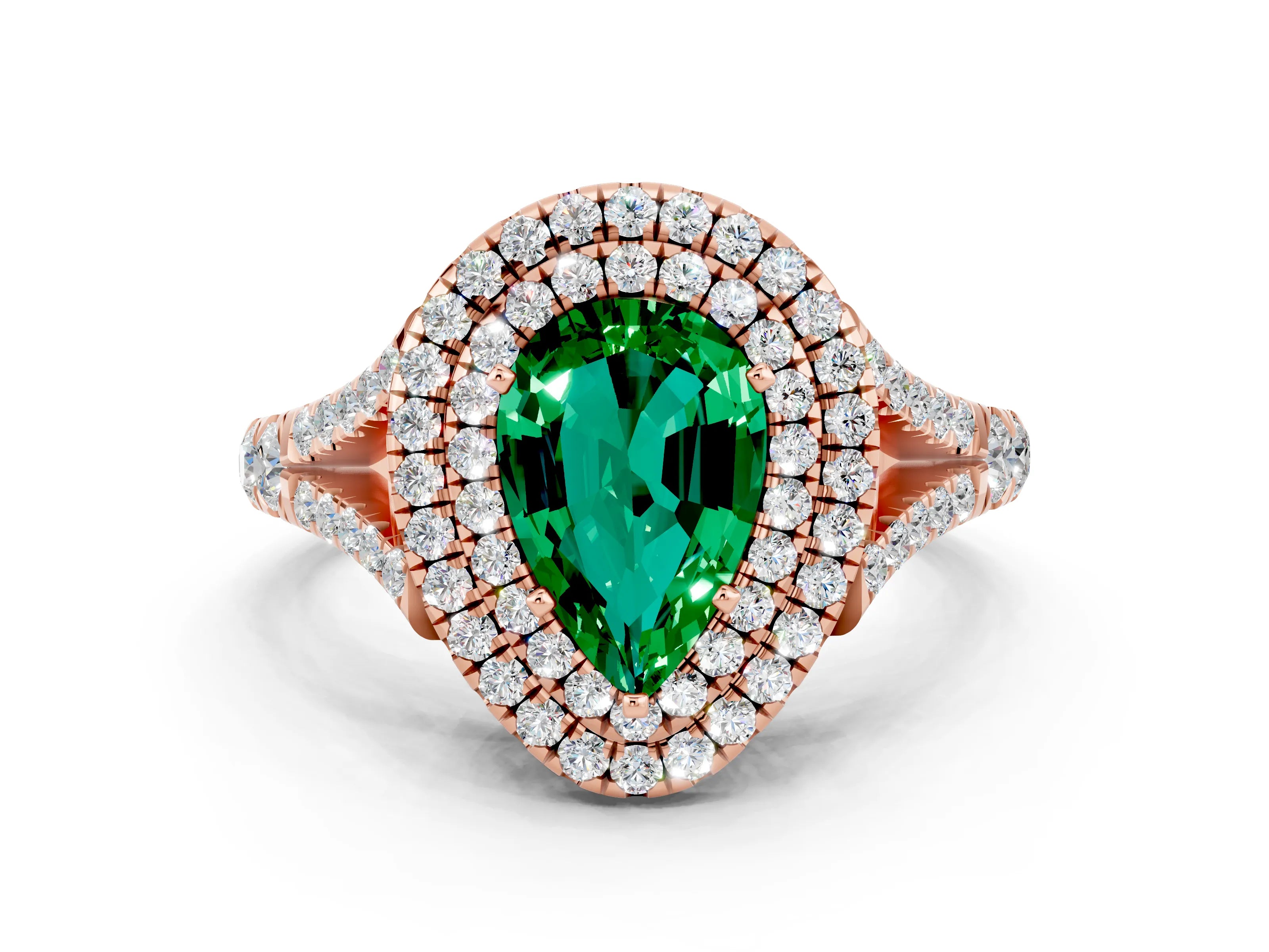 Rose gold Double Halo Pear Cut Emerald Split Shank Engagement Ring with Four-Prong Setting