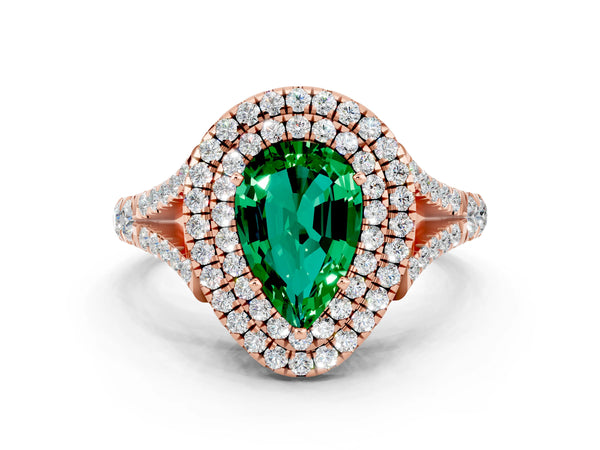 Rose gold Double Halo Pear Cut Emerald Split Shank Engagement Ring with Four-Prong Setting