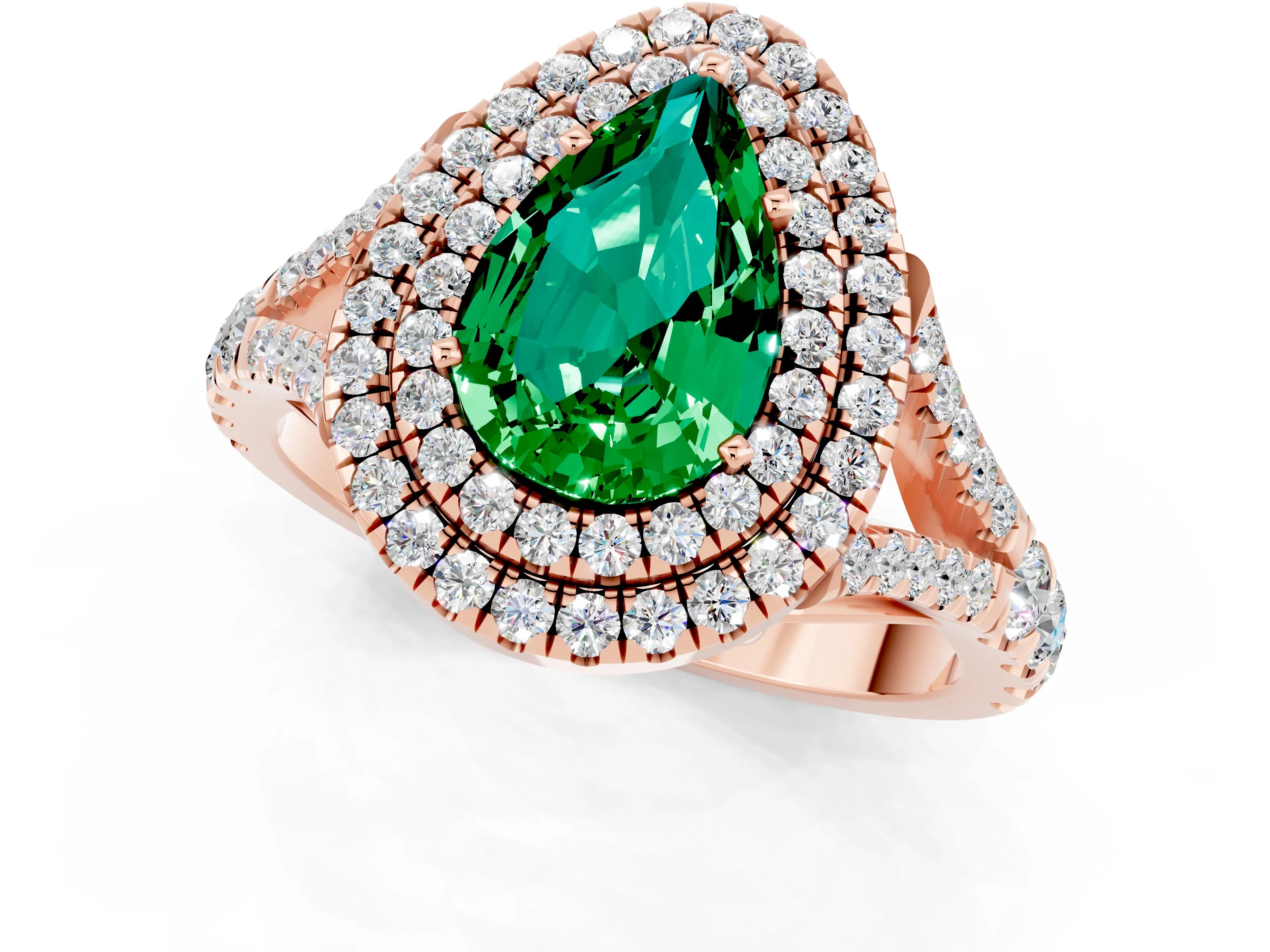 Rose gold Double Halo Pear Cut Emerald Split Shank Engagement Ring with Four-Prong Setting_1