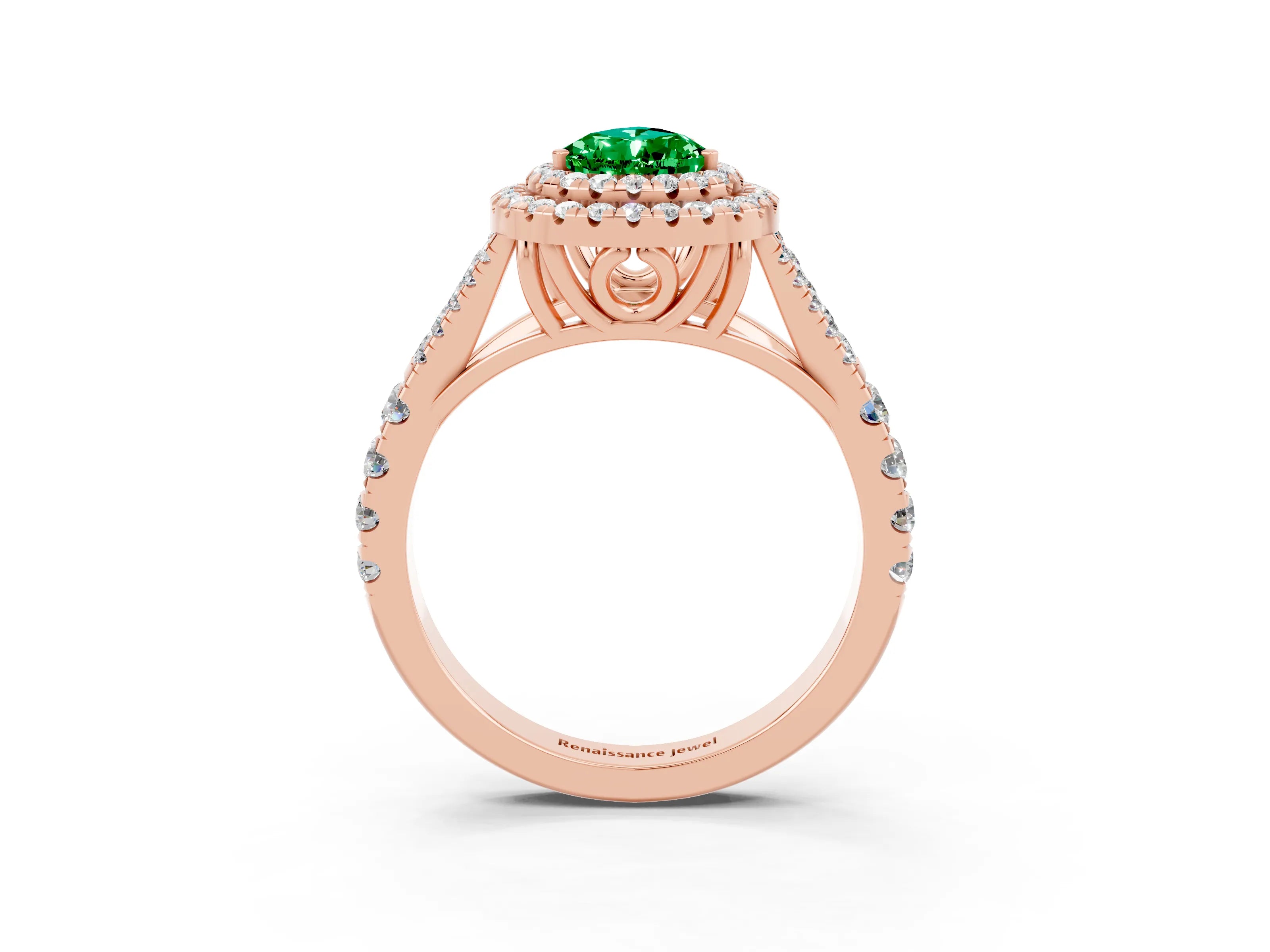 Rose gold Double Halo Pear Cut Emerald Split Shank Engagement Ring with Four-Prong Setting_3