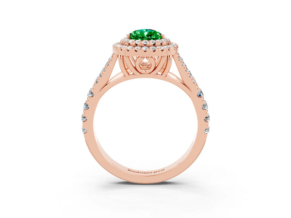Rose gold Double Halo Pear Cut Emerald Split Shank Engagement Ring with Four-Prong Setting