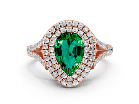 Rose gold Double Halo Pear Cut Emerald Split Shank Engagement Ring with Four-Prong Setting