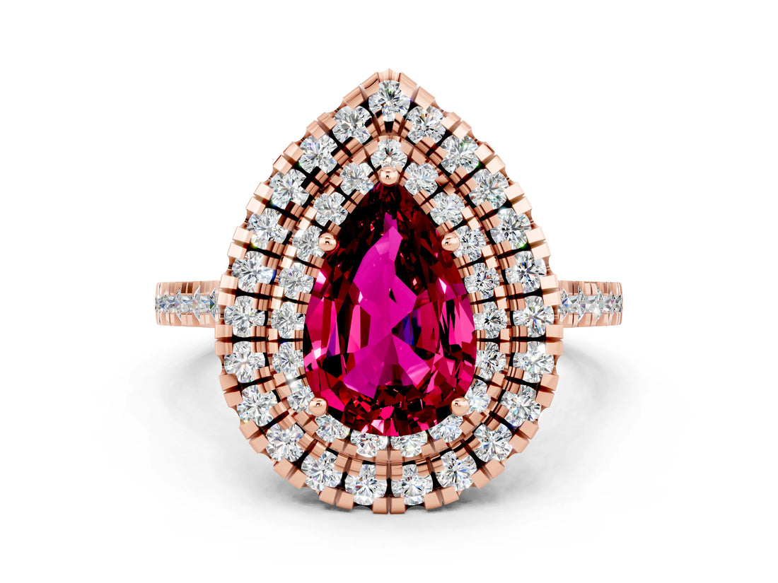 Rose gold Double Halo Pear Cut Garnet Pavé Band with Four-Prong Setting