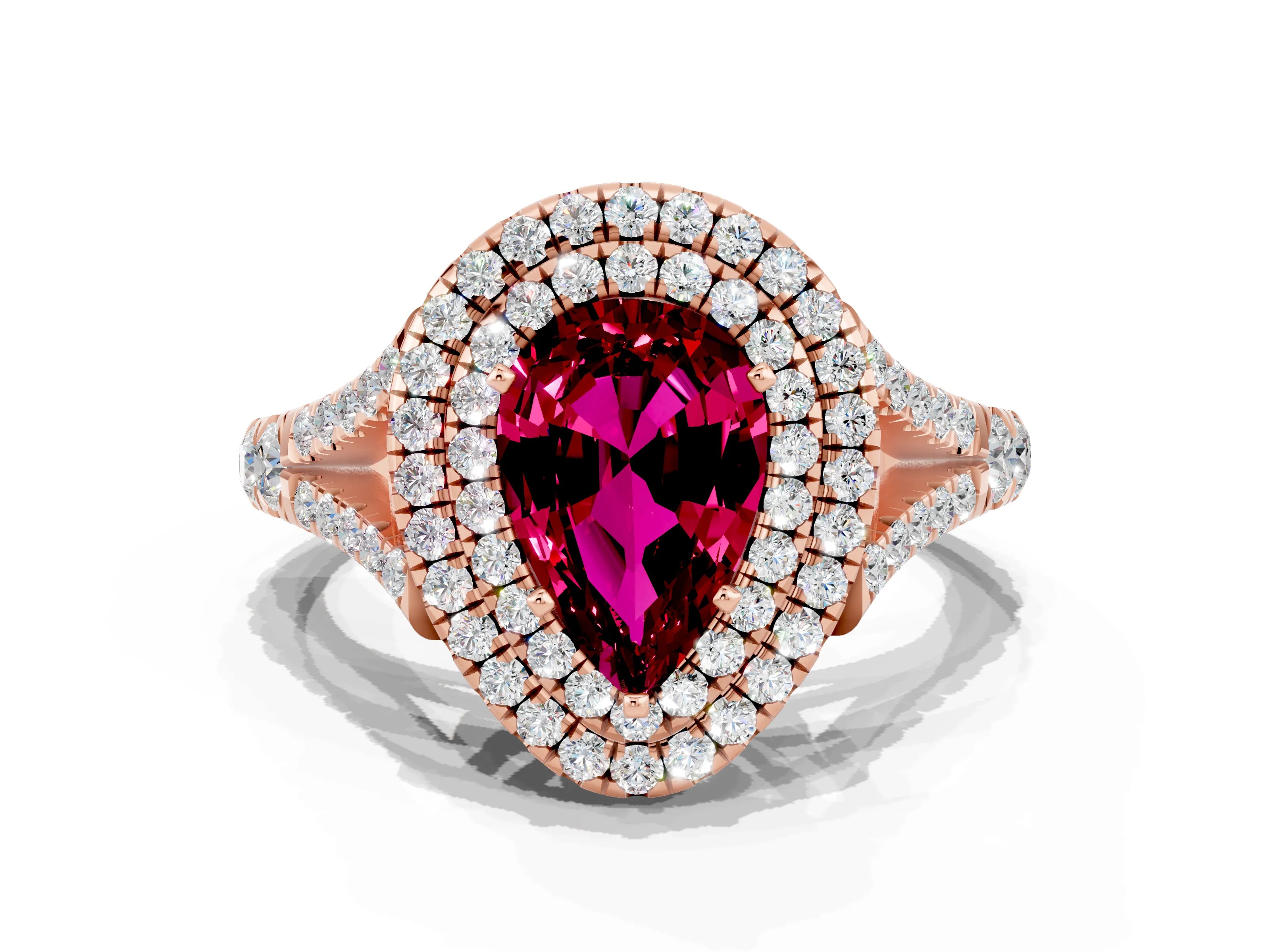 Rose gold Double Halo Pear Cut Garnet Pavé Split Shank Ring with Prong Setting