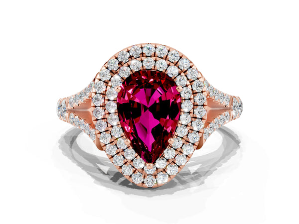 Rose gold Double Halo Pear Cut Garnet Pavé Split Shank Ring with Prong Setting