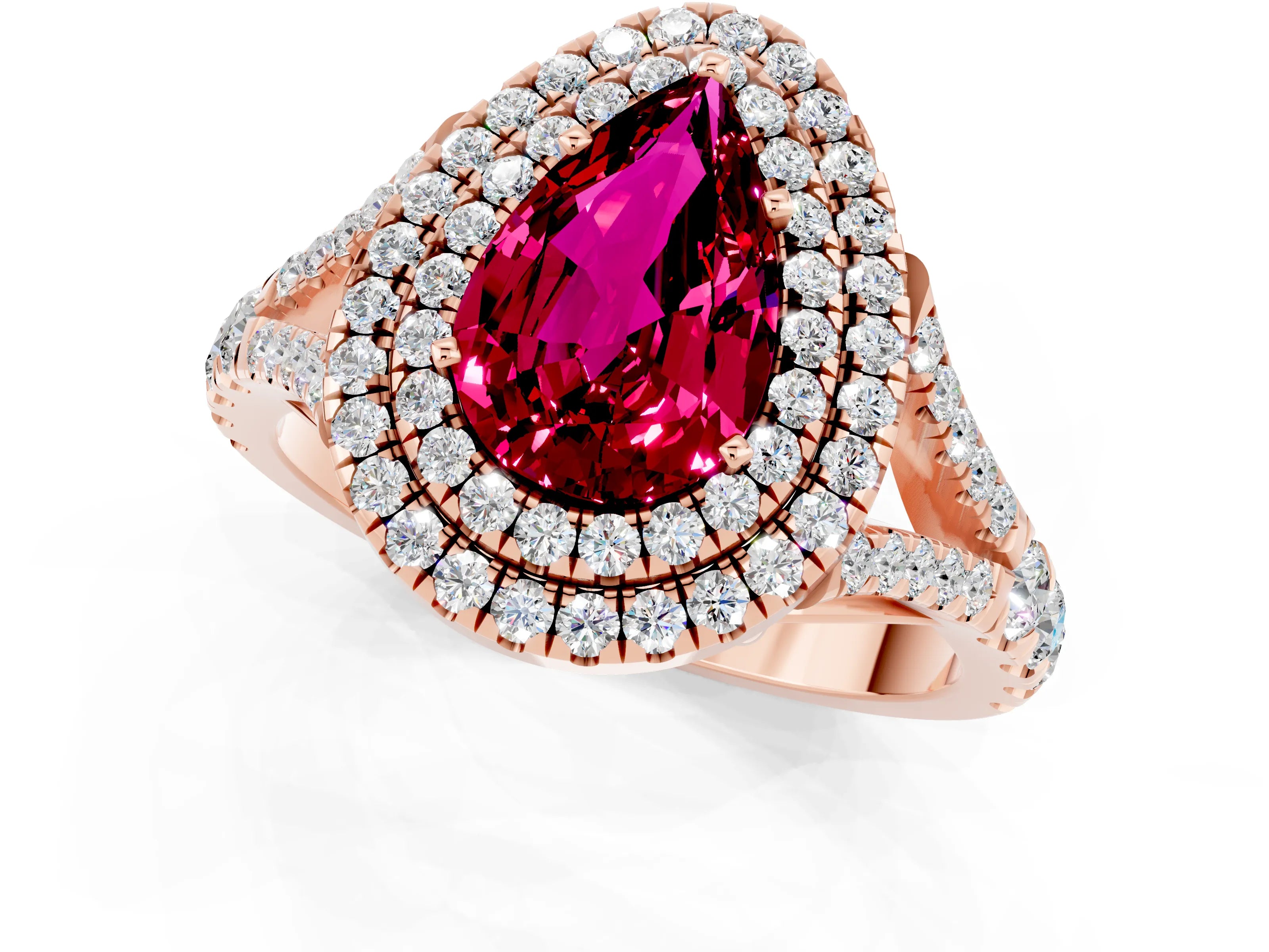Rose gold Double Halo Pear Cut Garnet Pavé Split Shank Ring with Prong Setting_1