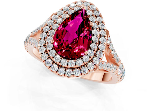 Rose gold Double Halo Pear Cut Garnet Pavé Split Shank Ring with Prong Setting_1